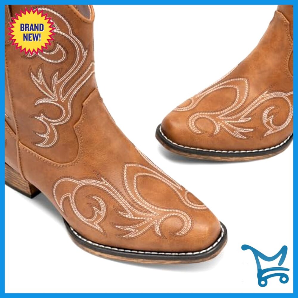 Women's Western Ankle Boots Square Toe Chunky Heel Embroidered Zipper - Picture 5 of 7